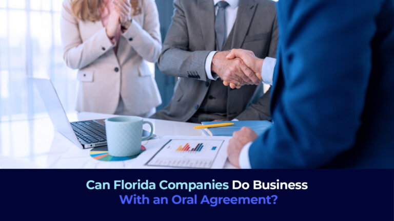 A picture of two man shaking hands, a business woman clapping and the title "Can Florida Companies Do Business With an Oral Agreement?"