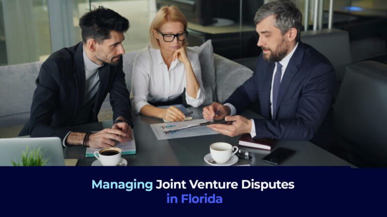 Apicture of a meeting with two men and a woman and the title "Managing Joint Venture Disputes in Florida"