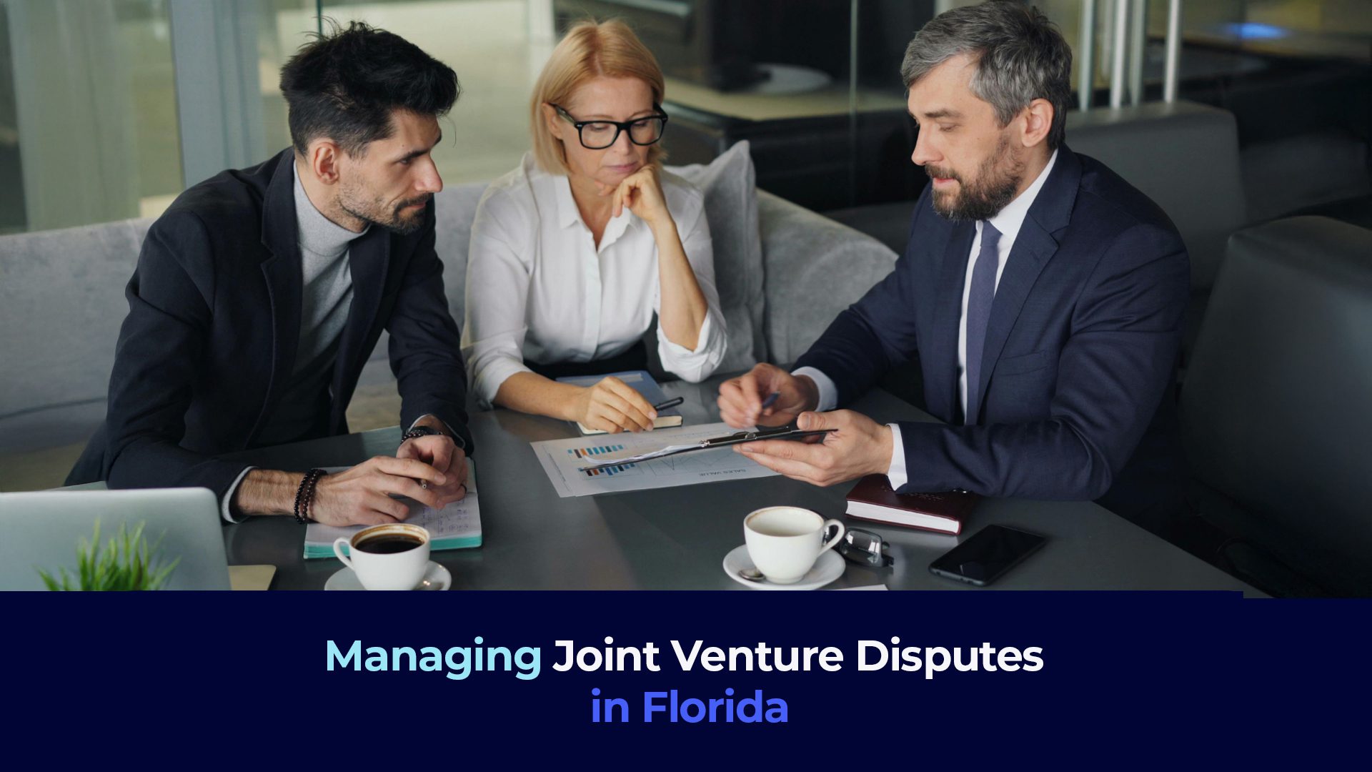 Apicture of a meeting with two men and a woman and the title "Managing Joint Venture Disputes in Florida"