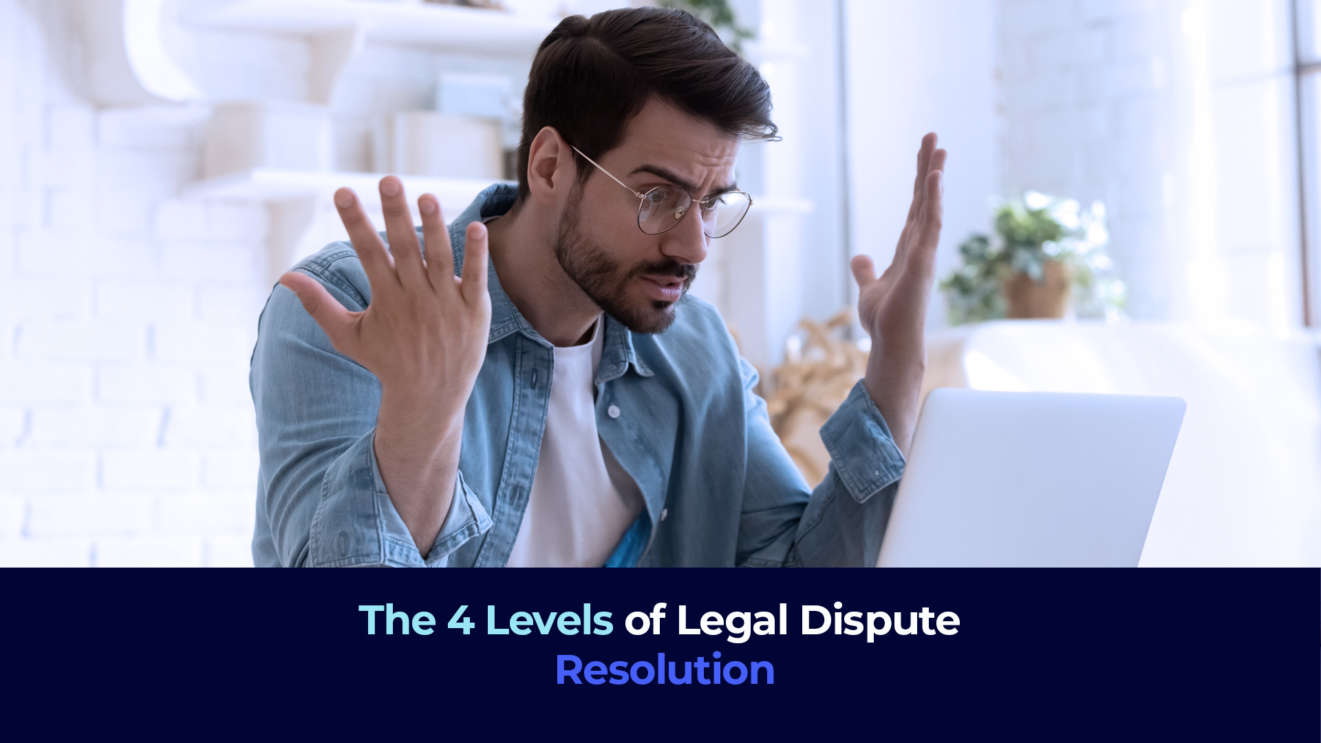 A picture of an angry man screaming in front of his computer and the title "The 4 Levels of Legal Dispute Resolution"