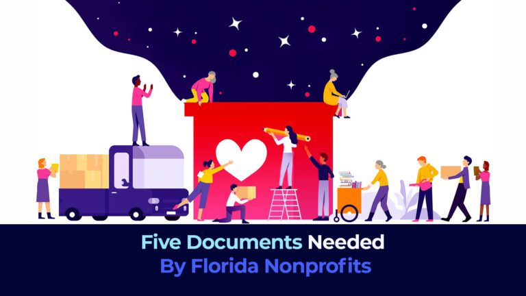 A graphic of volunteers and the title "Five Documents Needed By Florida Nonprofits"