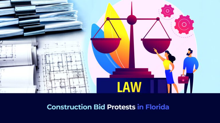 Apicture of a pile of documents plus graphic of the justice balance symbol and the title "Construction Bid Protests in Florida"