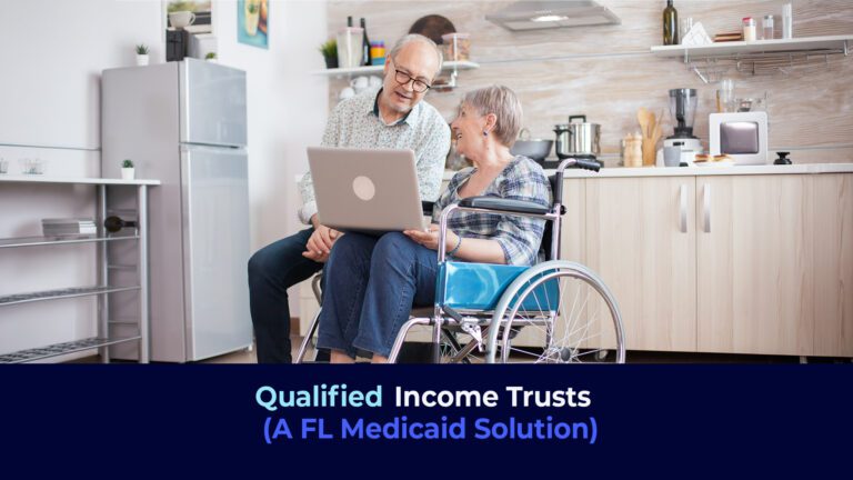 A picture of a senior couple checking a computer and the title "Qualified Income Trusts (A FL Medicaid Solution)"