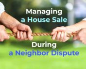 Two people pulling a rope, against each other, a garden/patio blurry background with the phrase"managing a hose sale during a neighbor dispute