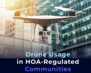 a picture of a drone flying around buildins with the phrase "Drone Usage in HOA-Regulated Communities"