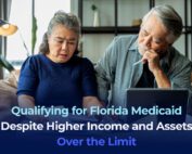 A senior Asian couple looking worry at paperwork and computer with the phrase Qualifying-for-Florida-Medicaid-Despite-Higher-Income-and-Assets-Over-the-Limit"