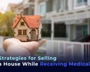 a picture of a house miniature in a human hand, the background with street houses and the phrase "Strategies for Selling a House While Receiving Medicaid"