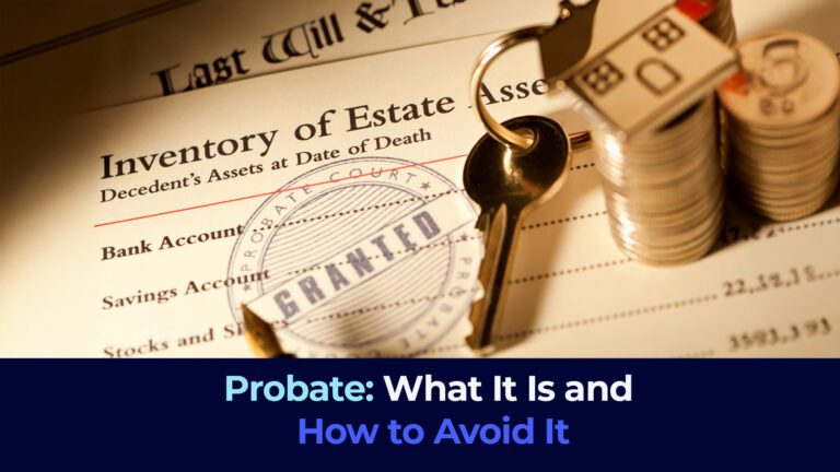 A picture of an inventory, a will, house's key, coins and the title "Probate- What It Is and How to Avoid It "