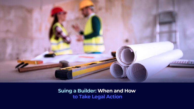 A picture of two people with construction safety outfit and the title "Suing a Builder: When and How to Take Legal Action"