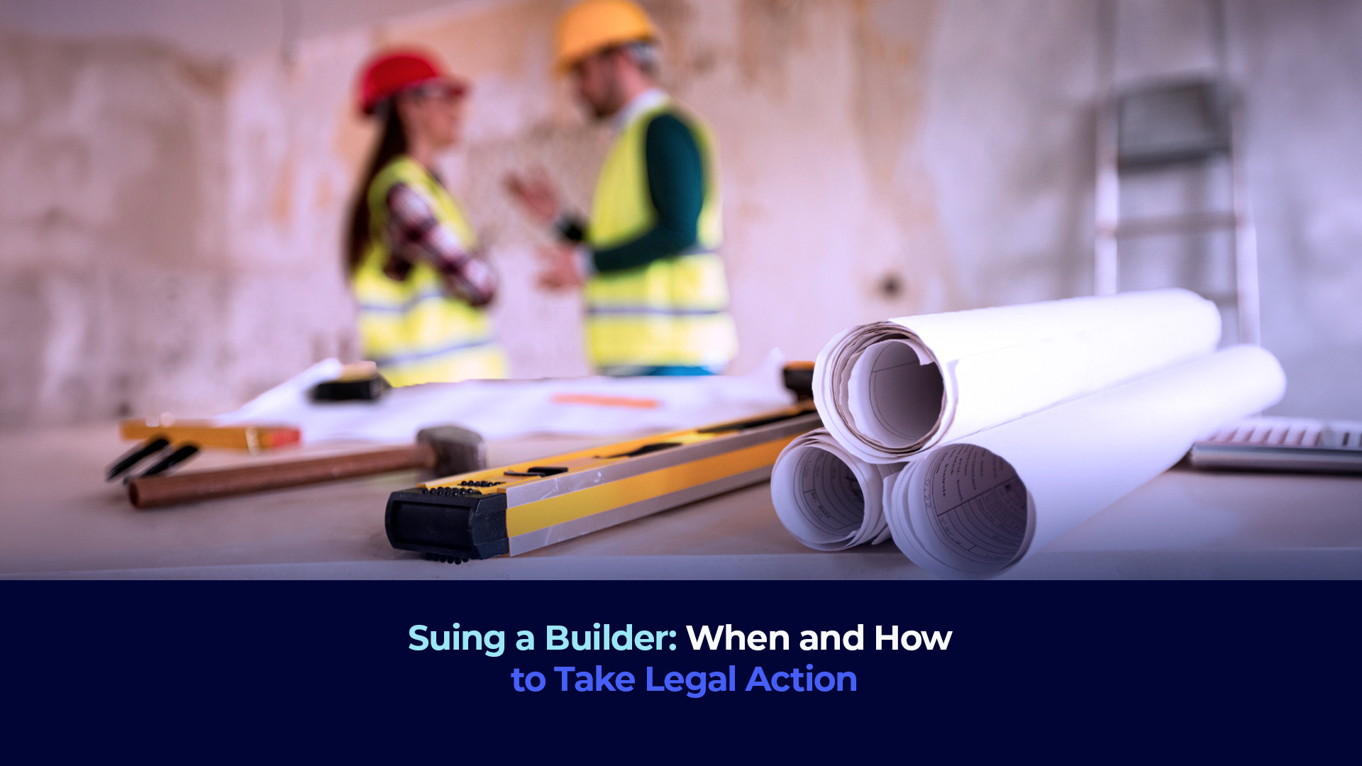 A picture of two people with construction safety outfit and the title "Suing a Builder: When and How to Take Legal Action"