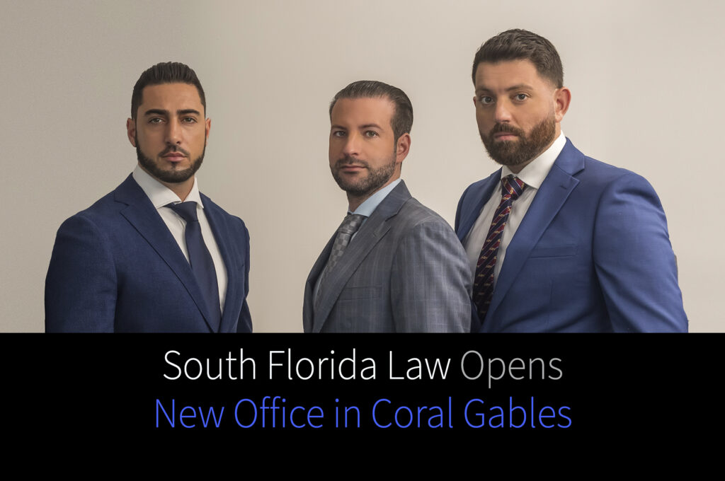 A picture of the partners of South Florida Law: Burton Landau, the founder, in the center; Frank DelloRusso on the left side; and Nima Ajabshir on the right side, managing partners. South Florida Law Partners at the Miami Courthouse.