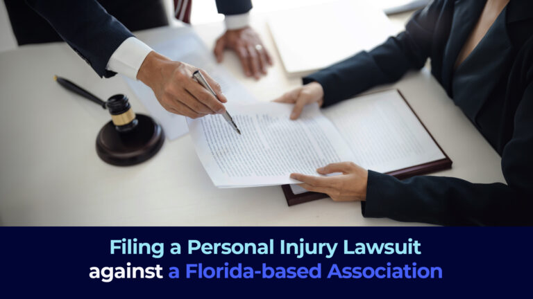A picture with a lawyer and a client looking at a document with the title "Filing a Personal Injury Lawsuit against a Florida-based Association