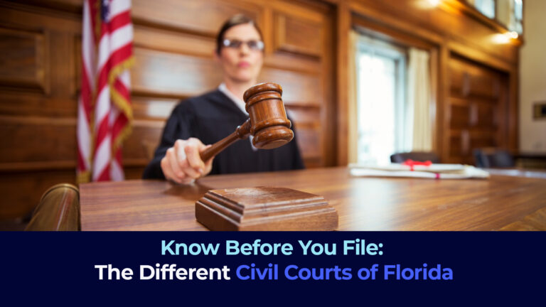 a picture ofa female judge in a court room with U.S. flag in the back and the title Know Before You File: The Different Civil Courts of Florida"