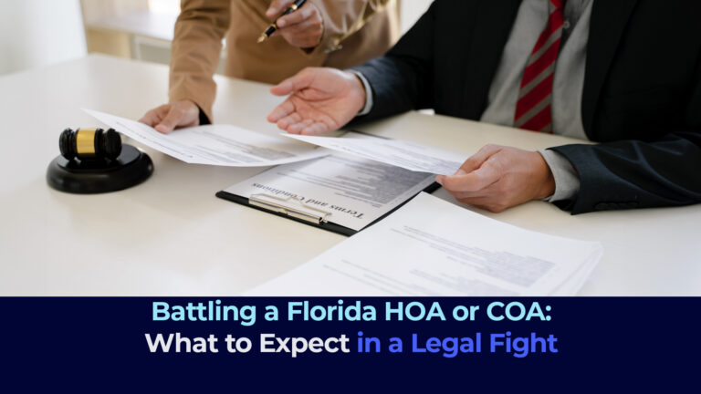 A picture of two people looking at legal documents with the title "Battling a Florida HOA or COA: What to Expect in a Legal Fight"
