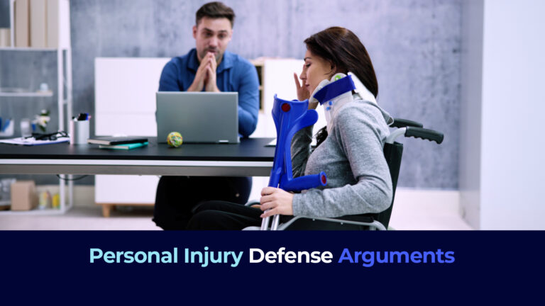 A picture of a woman with neck injury in a wheelchair and a man in a desk with the title "Personal Injury Defense Arguments