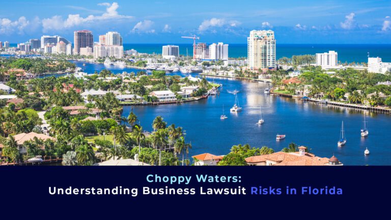 A panoramic picture of Miami, the marina and the title " Choppy Waters: Understanding Business Lawsuit Risks in Florida"