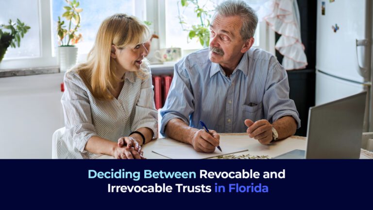 A picture of midle age couple talking over a table with the title "Deciding Between Revocable and Irrevocable Trusts in Florida"