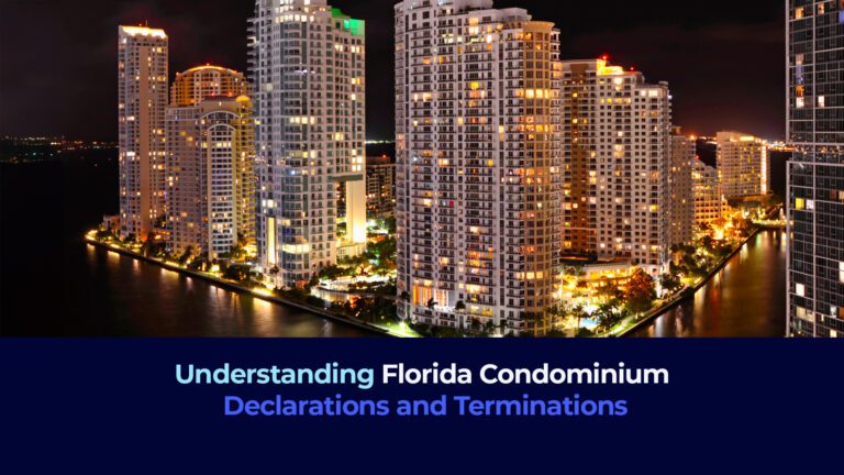 a panoramic picture of Miami island with tall buildings at night with the title "Understanding Florida Condominium Declarations and Terminations"