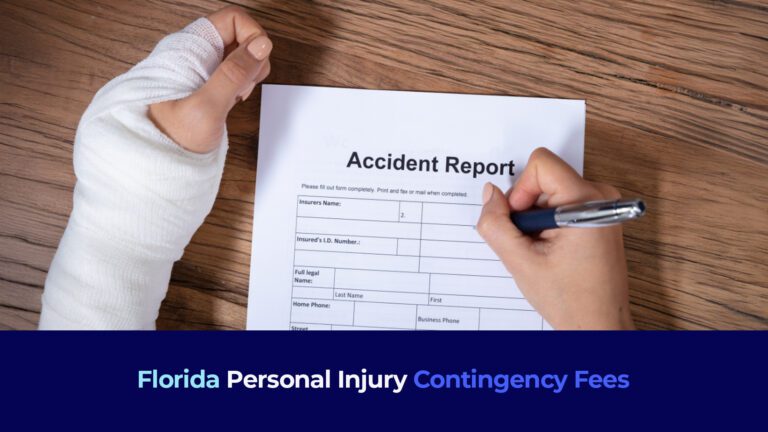A picture of a person with their left hand completely bandaged and writing a form with their other hand and the title "Florida Personal Injury Contingency Fees
