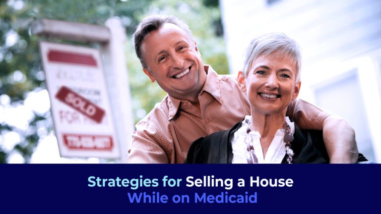 A picture of a happy senior couple with a sign of "SOLD" and the title "Medicaid Planning While Owning a Home in Florida "
