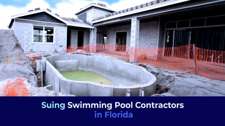 A picture of a swimming pool in progress with the title "Suing Swimming Pool Contractors in Florida"