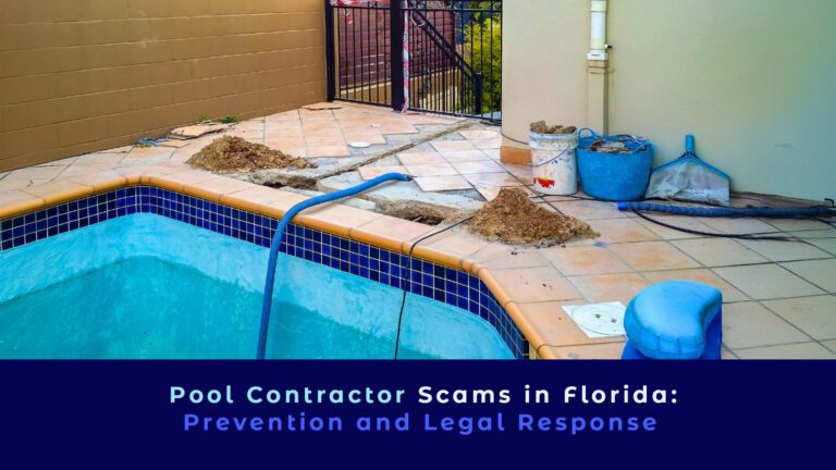 A picture of a swimming pool in construction and the title "Pool Contractor Scams in Florida- Prevention and Legal Response"