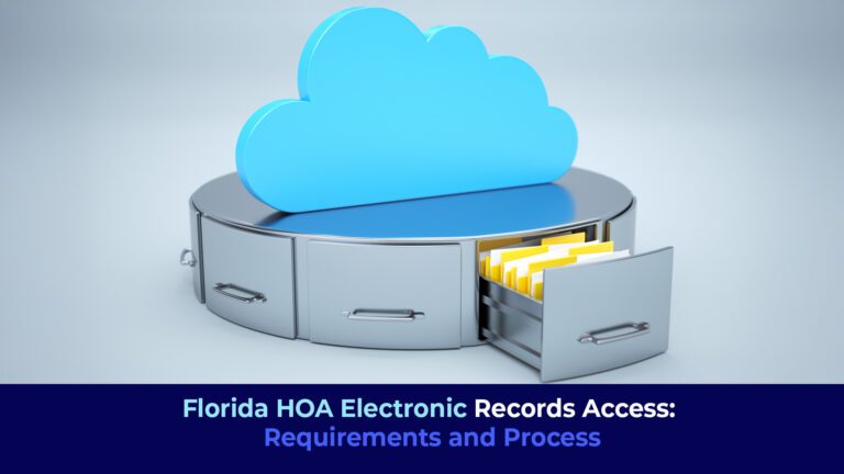 A pictures of a round file cabinet with a light blue cloud on the top and the title "Florida HOA Electronic Records Access: Requirements and Process"