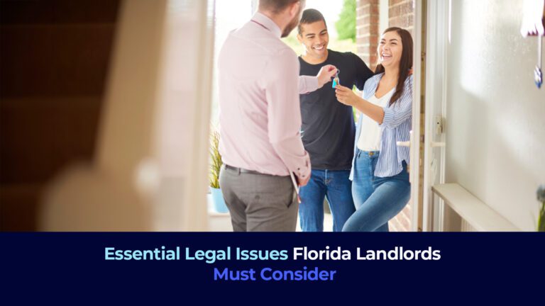 A ma given a key to a young couple with the title "Essential Legal Issues Florida Landlords Must Consider"