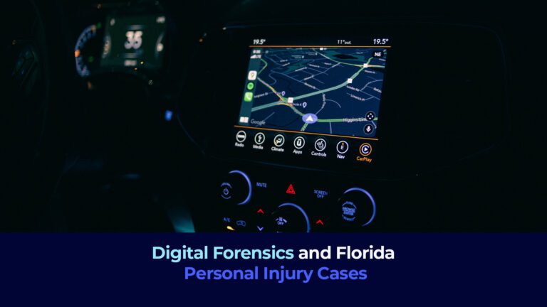 A picture of the dashboard of the car and the title "Digital Forensics and Florida Personal Injury Cases"