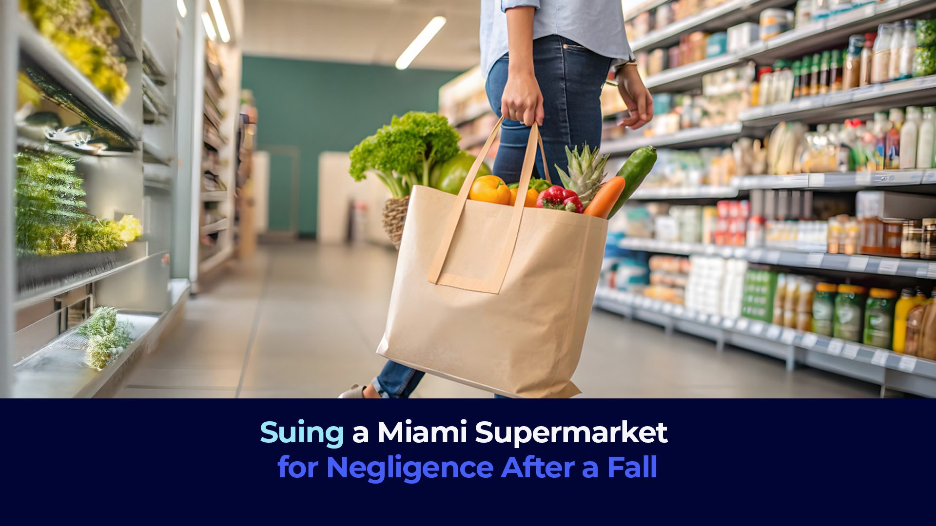 A picture of a woman shopping in a supermarket with the title "Suing a Miami Supermarket for Negligence After a Fall"