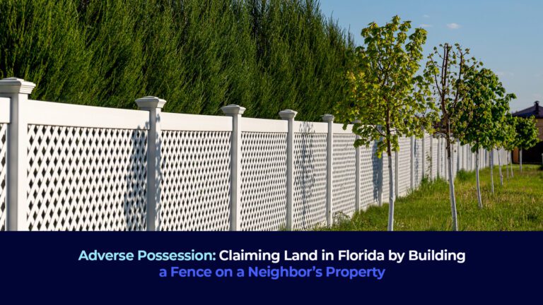 A picture of a white fence in a property and the title "Adverse Possession: Claiming Land in Florida by Building a Fence on a Neighbor’s Property"