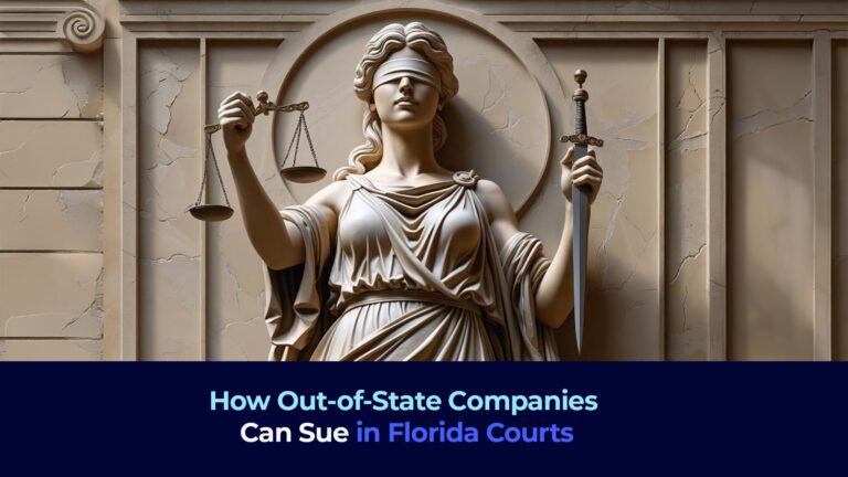 A picture of the justice lady sculpture and the title "How Out-of-State Companies Can Sue in Florida Courts"