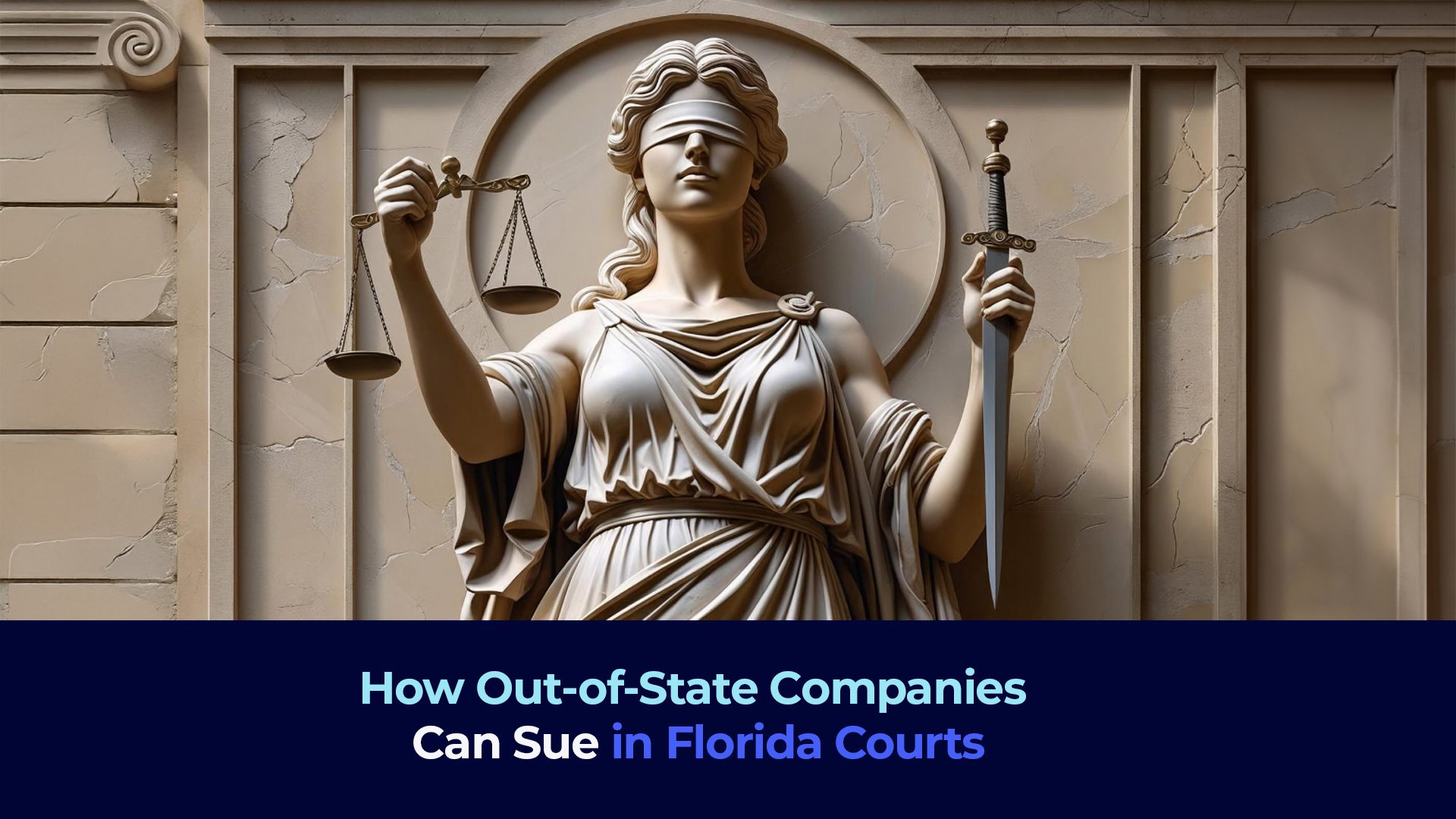 A picture of the justice lady sculpture and the title "How Out-of-State Companies Can Sue in Florida Courts"