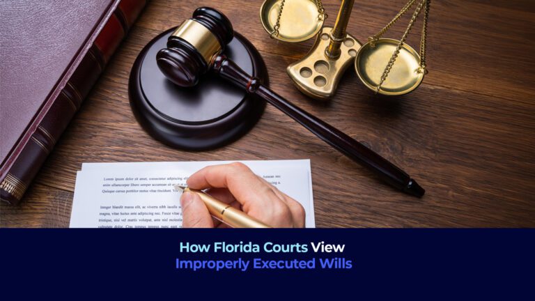 A picture of somebody in a desk and the title "How Florida Courts View Improperly Executed Wills"