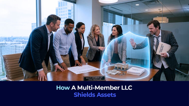 A picture of a business meeting and the title "How A Multi-Member LLC Shields Assets"