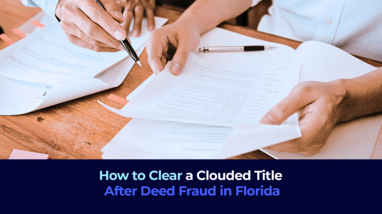 A picture of two people checking a document and the title "How to Clear a Clouded Title After Deed Fraud in Florida"